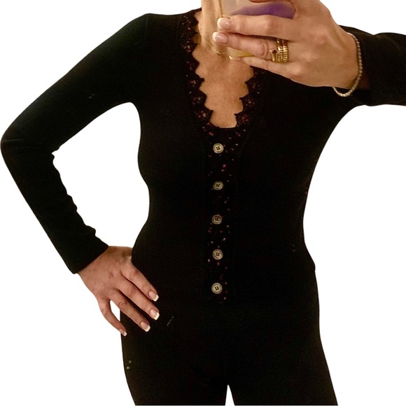 VTG 90’s Anonymous Black Lace Trim V-Neck Button Down Cardigan Sweater Top - Picture 3 of 6